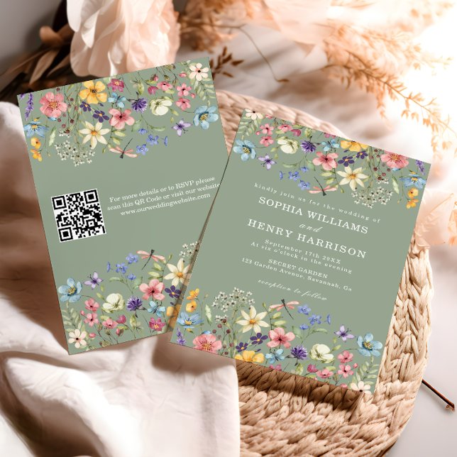 Convite Wildflower Rustic Sage Green Wedding Código QR (Criador carregado)