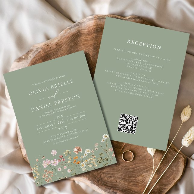 Convite Wildflower Sage Green All in One QR Code Wedding (Criador carregado)