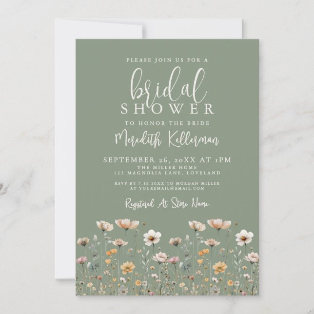 Convite Wildflower Sage Green Bridal Shower (Frente)