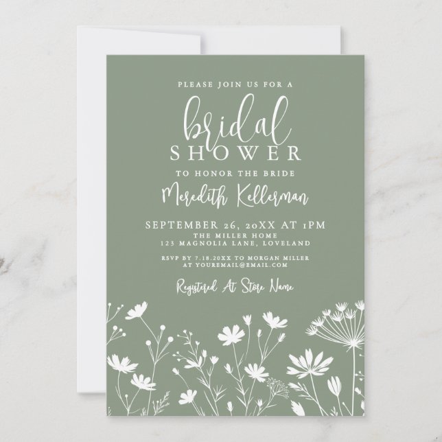 Convite Wildflower Sage Green Bridal Shower (Frente)