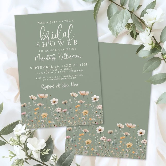 Convite Wildflower Sage Green Bridal Shower (Wildflower Sage Green Bridal Shower Invitation)
