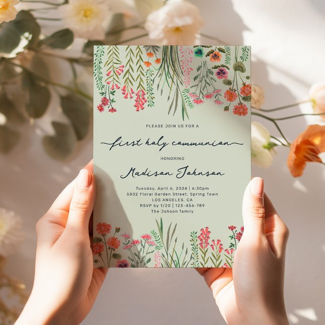 Convite Wildflower Sage Green Primeira Comunhão Santa (Wildflower Sage Green First Holy Communion Invitation)