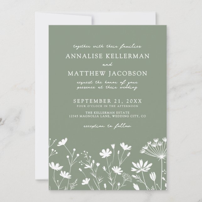 Convite Wildflower Sage Green Wedding (Frente)