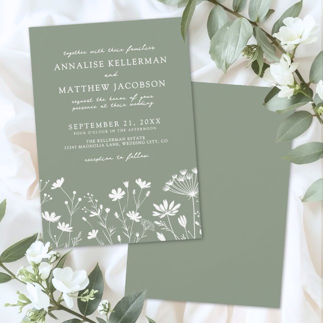 Convite Wildflower Sage Green Wedding (Wildflower Sage Green Wedding Invitation)