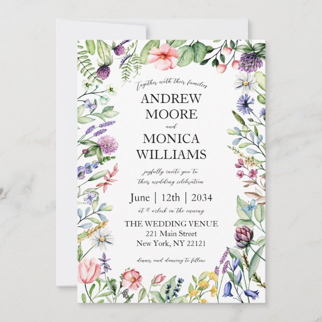 Convite Wildflower Script Elegant White Wedding (Frente)