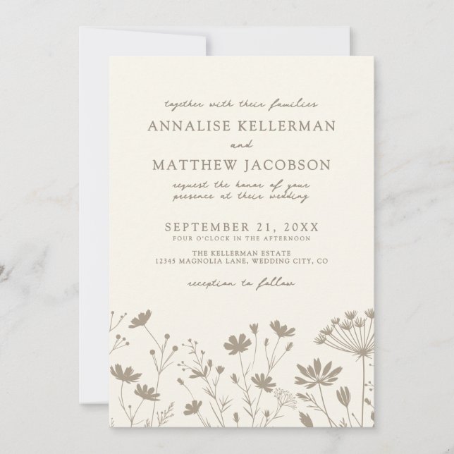 Convite Wildflower Simple Minimalist Floral Wedding (Frente)