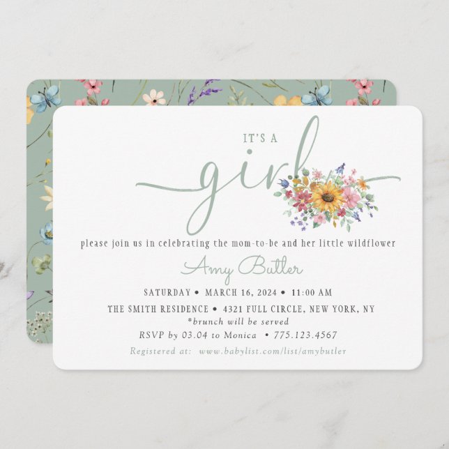 Convite Wildflower Solid Green Shower Book Invitation (Frente/Verso)