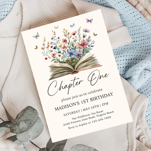 Convite Wildflower Storybook Chapter One First Birthday (Criador carregado)