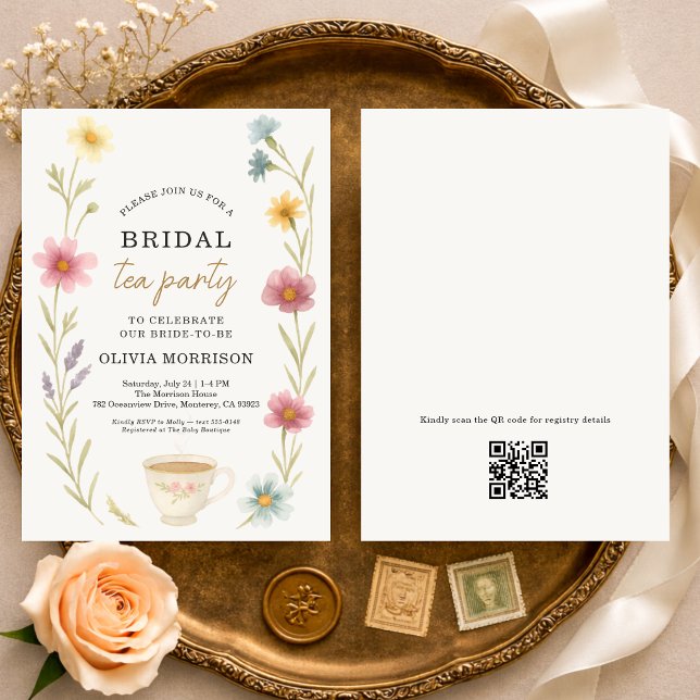 Convite Wildflower Tea Floral QR Code Bridal Shower  (Criador carregado)