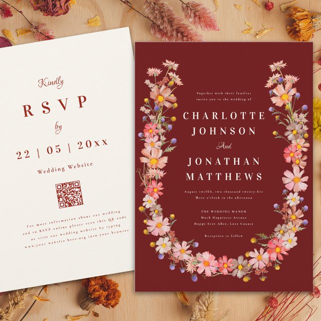 Convite Wildflower Terracotta Beige Casamento outono (Boho wildflower wreath terracotta fall wedding invitation )