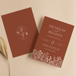 Convite Wildflower Terracotta Monograma de Casamento Minim