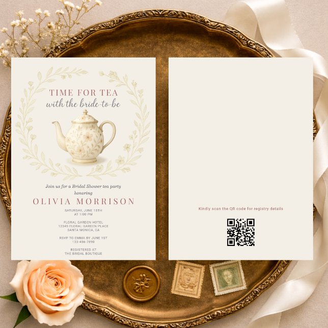 Convite Wildflower Time for Tea QR Code Bridal Shower (Criador carregado)