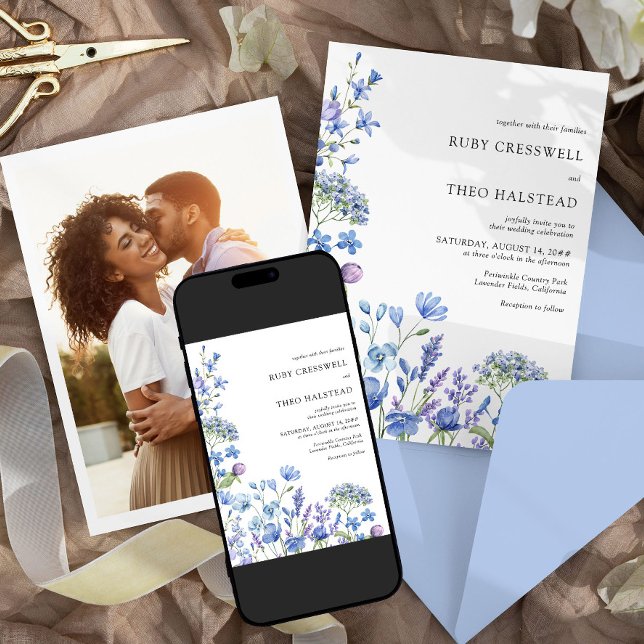 Convite Wildflower Wedding Lilac Periwinkle Foto Floral (Photo Wedding Invitation from my Lilac + Periwinkle Wildflower Wedding Collection)