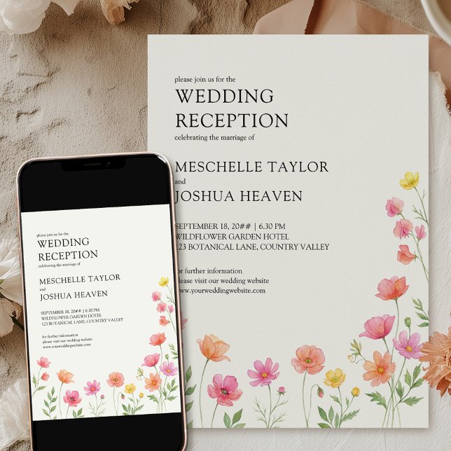 Convite Wildflower Wedding Reception Pink Orange Floral (Wedding Reception Invitation available professionally printed or as a printable digital download)