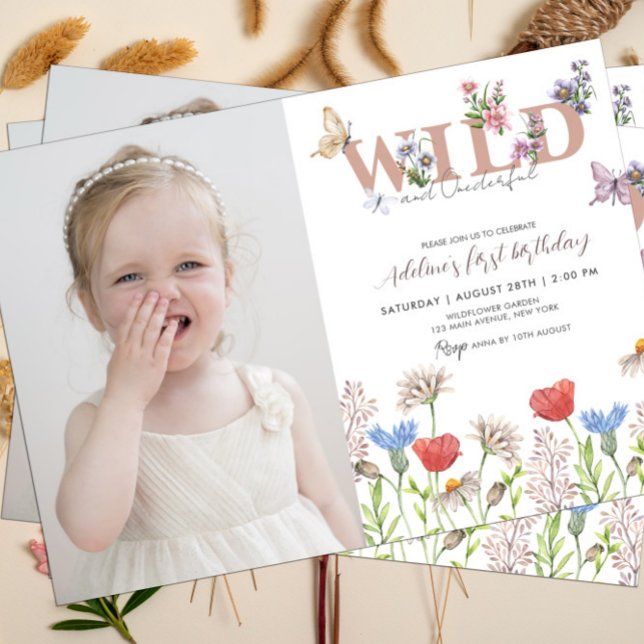 Convite Wildflower Wild & Onewond Foto de primeiro anivers (Wild One Girl Wildflower Boho Invitation)