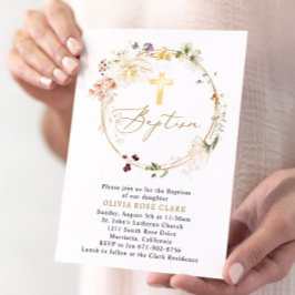 Convite Wildflower Wreath Baptism Christening Dourado Fram