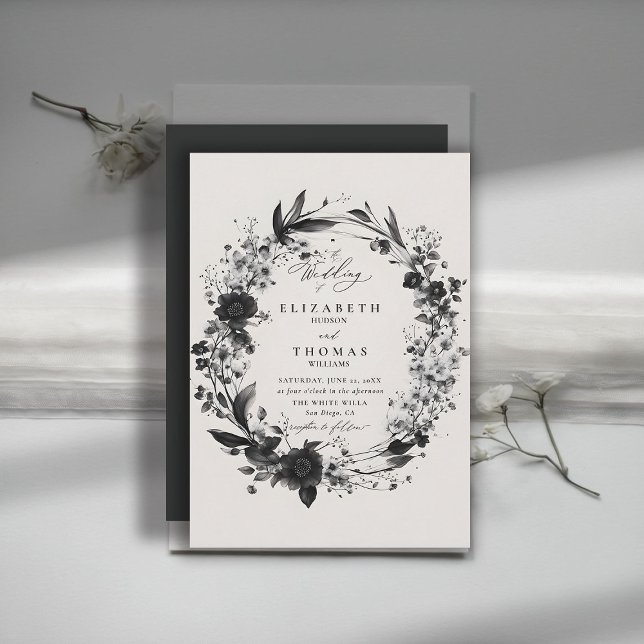 Convite Wildflower Wreath Modern Chic Elegant Wedding (wildflowers wedding invitation black white floral wreath frame elegant modern romantic boho)