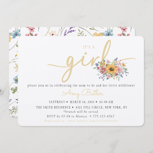 Convite Wildflower Yellow Baby Shower Invitation (Frente/Verso)