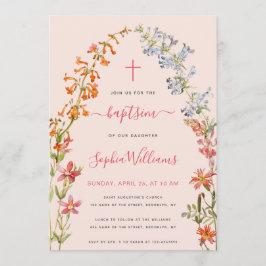 Convite Wildflowers Baptism Pink Floral Watercolor Girl 