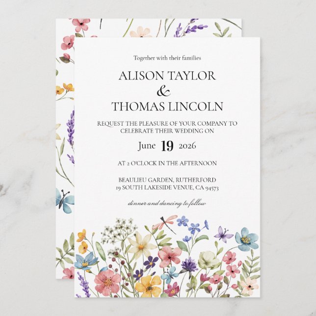 Convite Wildflowers butterfly and dragonfly Wedding  (Frente/Verso)