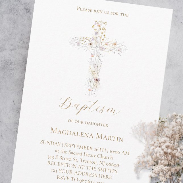 Convite wildflowers cross | Baptism Invitation (Criador carregado)