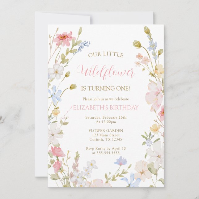 Convite Wildflowers elegant Spring First Birthday (Frente)