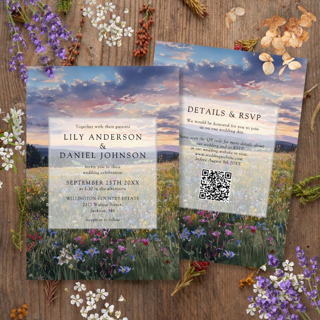 Convite Wildflowers Floral Meadow QR Code Wedding (Criador carregado)