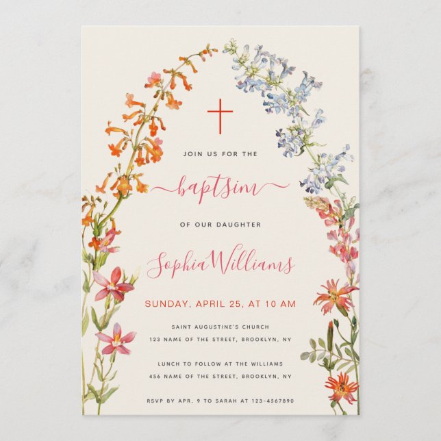 Convite Wildflowers Girl Baptism Floral Watercolor  (Frente)