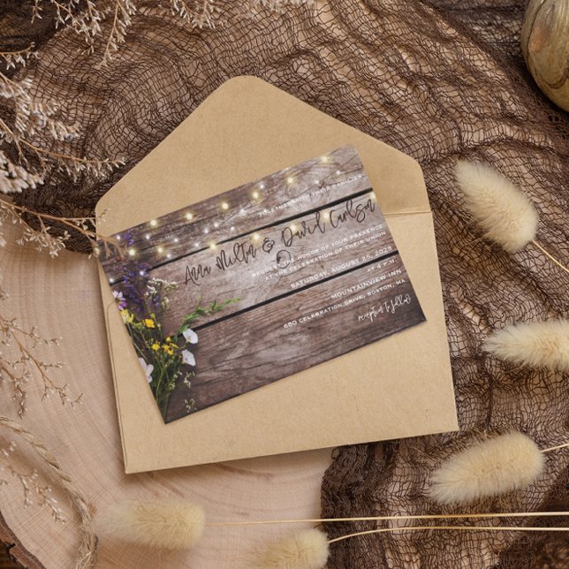 Convite Wildflowers on Wood String Lights Rustic Wedding (Criador carregado)