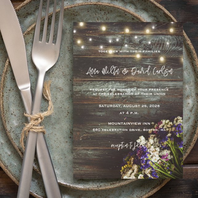Convite Wildflowers on Wood String Lights Rustic Wedding (Criador carregado)