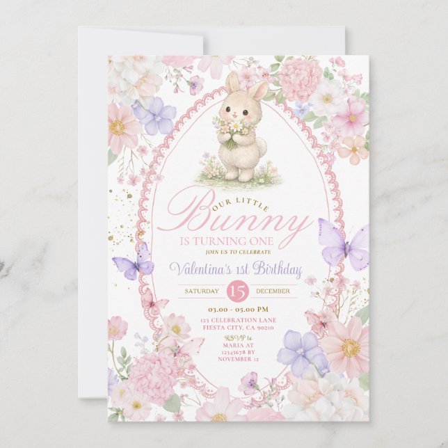 Convite Wildflowers Pink Bunny First Birthday Invitation  (Frente)