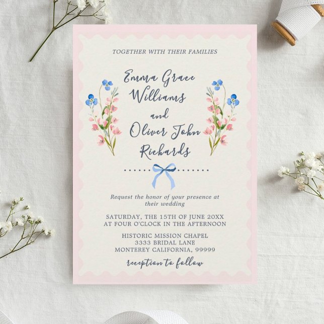 Convite Wildflowers Pink Romantic Garden Wedding (Floral Romantic Garden Wedding Invitation.)