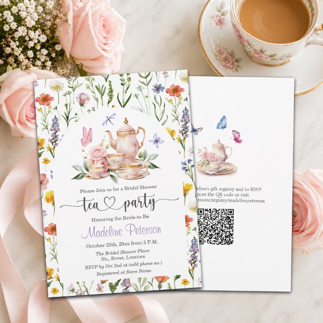 Convite Wildflowers QR Code Tea Party Bridal Shower  (Criador carregado)