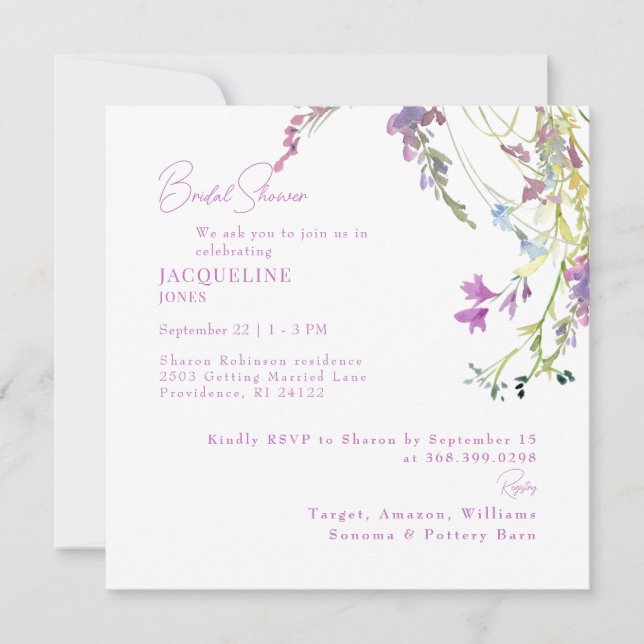 Convite  Wildflowers Square Lavender Bridal Shower (Frente)