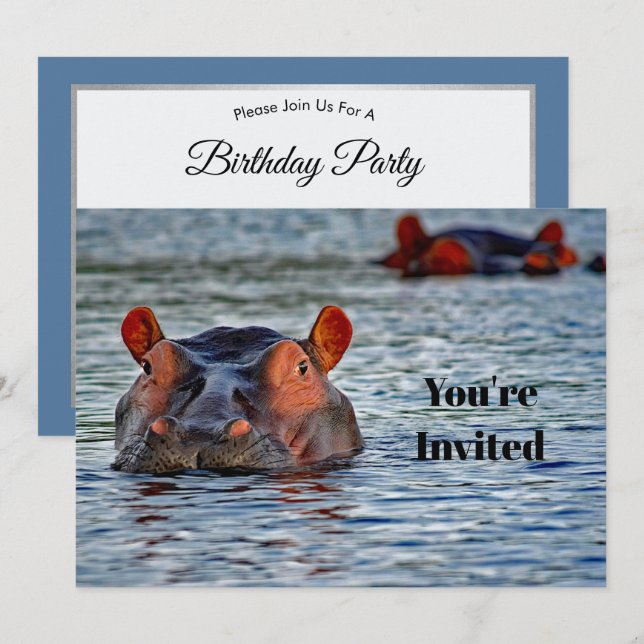 Convite Wildlife Hippo Water Photo Birthday (Frente/Verso)