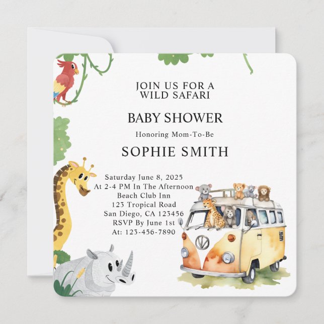 Convite Wilels Safari Animal Camper Van Chá de fraldas (Frente)