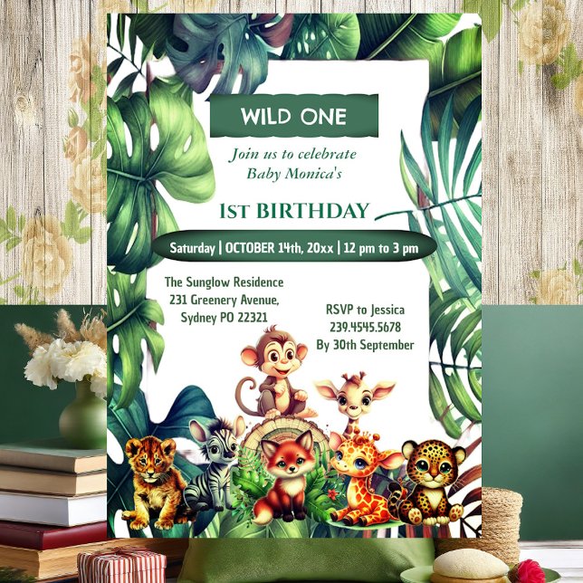 Convite Wilgle One Safari Tropical Sai Aniversário (Wild One Birthday Jungle Safari Tropical Leaves Invitation)
