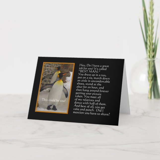 Convite Will You Be My Best Man? Penguin Humor Card (Frente)