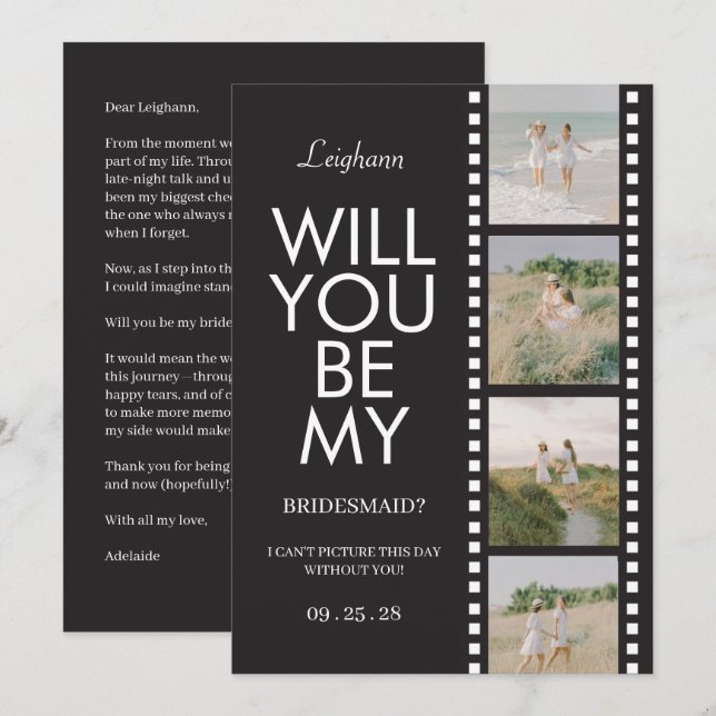 Convite Will You Be My Bridesmaid Photo Black Reel (Frente/Verso)