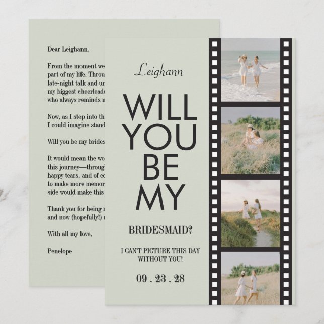 Convite Will You Be My Bridesmaid Photo Green Reel (Frente/Verso)