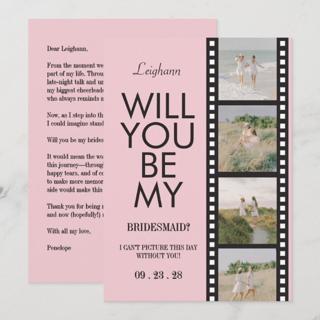 Convite Will You Be My Bridesmaid Photo Pink Reel (Frente/Verso)