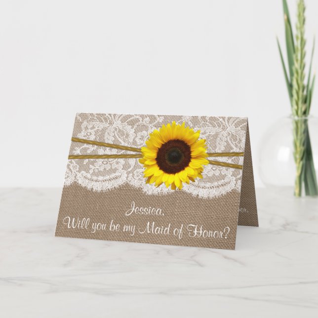 Convite Will You Be My Maid of Honor? Rustic Sunflower (Frente)