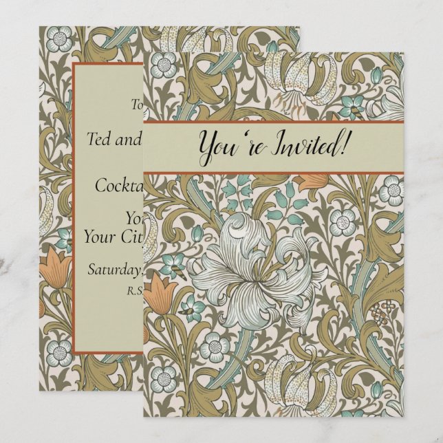 Convite William Morris Ouro Lily Blue Dourado Classic (Frente/Verso)