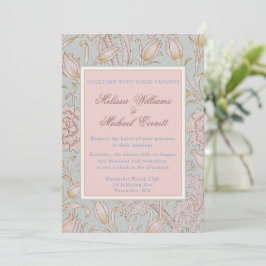 Convite William Morris, Pink Wild Tulips Casamento Azul Su