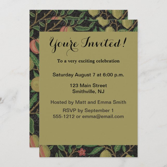 Convite William Morris Pomegranate Fruta clássica (Frente/Verso)