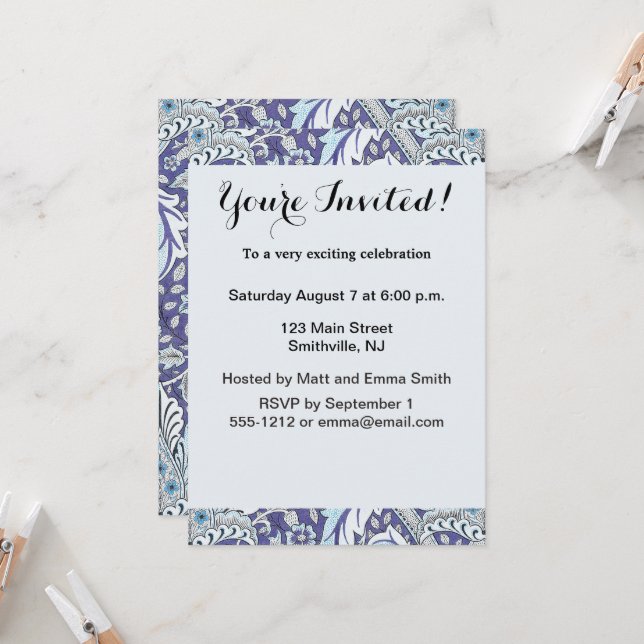 Convite William Morris Windrush flores florais azuis (Frente/Verso In Situ)