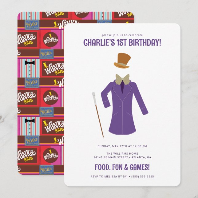 Convite Willy Wonka e o aniversário da fábrica de chocolat (Frente/Verso)