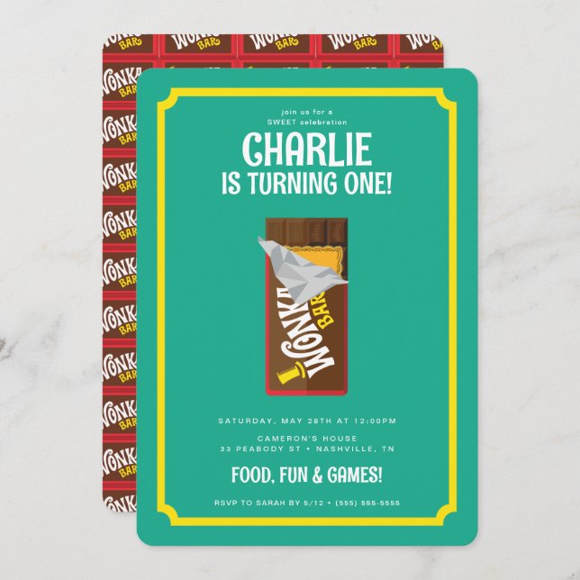 Convite Willy Wonka e o aniversário da fábrica de chocolat (Frente/Verso)