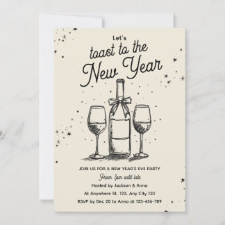 Convite Wine Bottle and Glasses Hand Drawn New Year Party