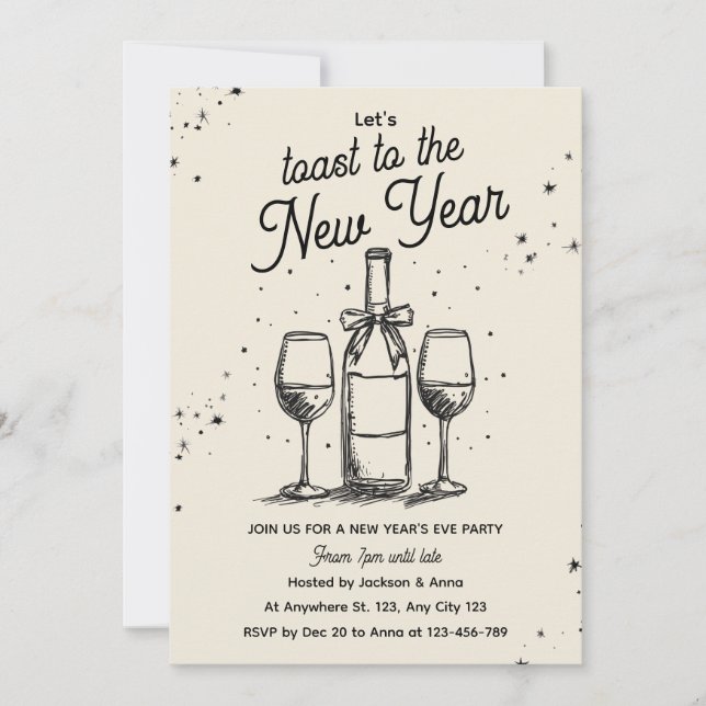 Convite Wine Bottle and Glasses Hand Drawn New Year Party (Frente)